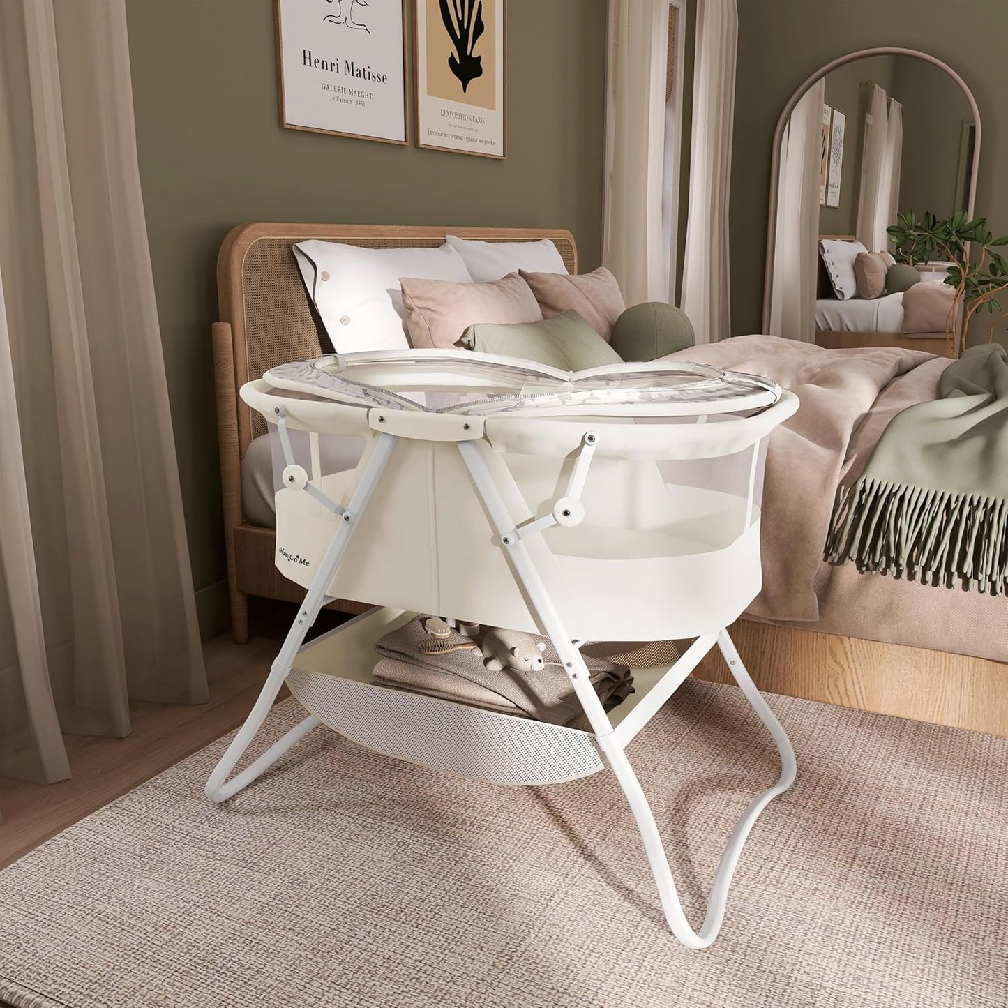 Dream On Me Karley Bassinet, Award Winner Lightweight Travel Baby Bassinet, Foldable Bedside Sleeper, Adjustable Double Canopy, Spacious Design, Soft Fabric, Storage Basket – Blue and Grey