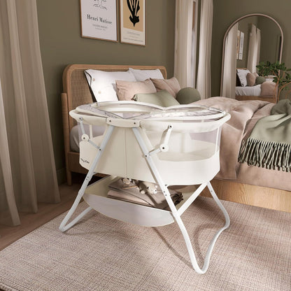 Dream On Me Karley Bassinet, Award Winner Lightweight Travel Baby Bassinet, Foldable Bedside Sleeper, Adjustable Double Canopy, Spacious Design, Soft Fabric, Storage Basket – Blue and Grey