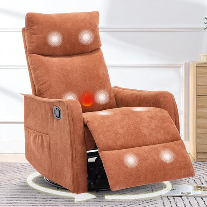 cinkehome Swivel Rocker Recliner, Glider Rocker Recliner Chair for Nursery, Manual Reclining Chair with Heated Massage, Small Spaces, Living Room, Khaki Chenille