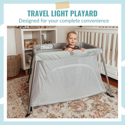 Dream On Me Travel Light Baby Playard with Zipper Access Door, Breathable Mesh Sides with Soft Comfortable Mattress, Easy Fold Design with Travel Carry Bag, Compact Space Saving Design - Grey