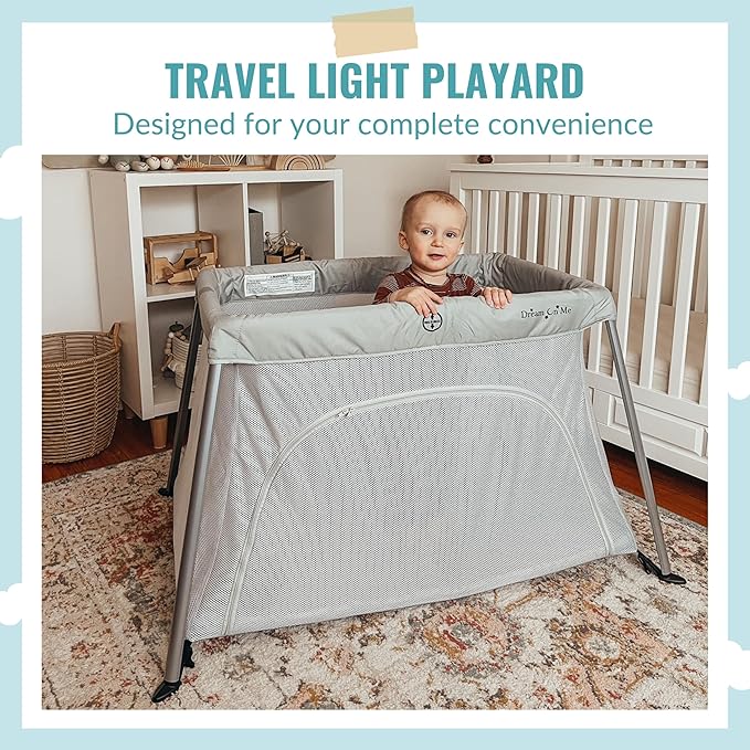 Dream On Me Travel Light Baby Playard with Zipper Access Door, Breathable Mesh Sides with Soft Comfortable Mattress, Easy Fold Design with Travel Carry Bag, Compact Space Saving Design - Grey