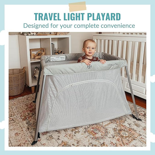 Dream On Me Travel Light Baby Playard with Zipper Access Door, Breathable Mesh Sides with Soft Comfortable Mattress, Easy Fold Design with Travel Carry Bag, Compact Space Saving Design - Grey