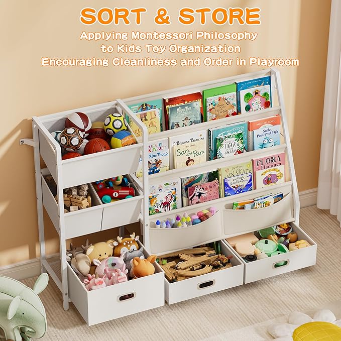 HAVLOTII Kids Bookshelf and Toy Storage - Book Shelf for Kids Rooms, Toddler Bookshelves Baby Bookcase for Nursery, Montessori Toy Organizer, 6 Toy Bins for Kids Toy Storage
