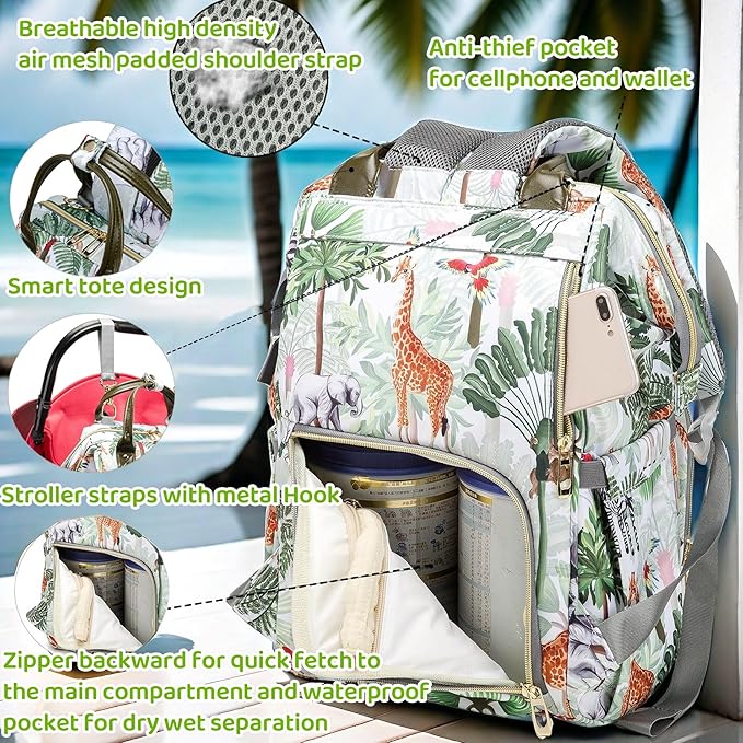 Tropical Rainforest Diaper Bag Backpack,Animal Nappy Backpack with Coin Bag USB Charging Port Stroller Straps and Insulated Pocket For Women/Mom/Travel (Animal Pattern)
