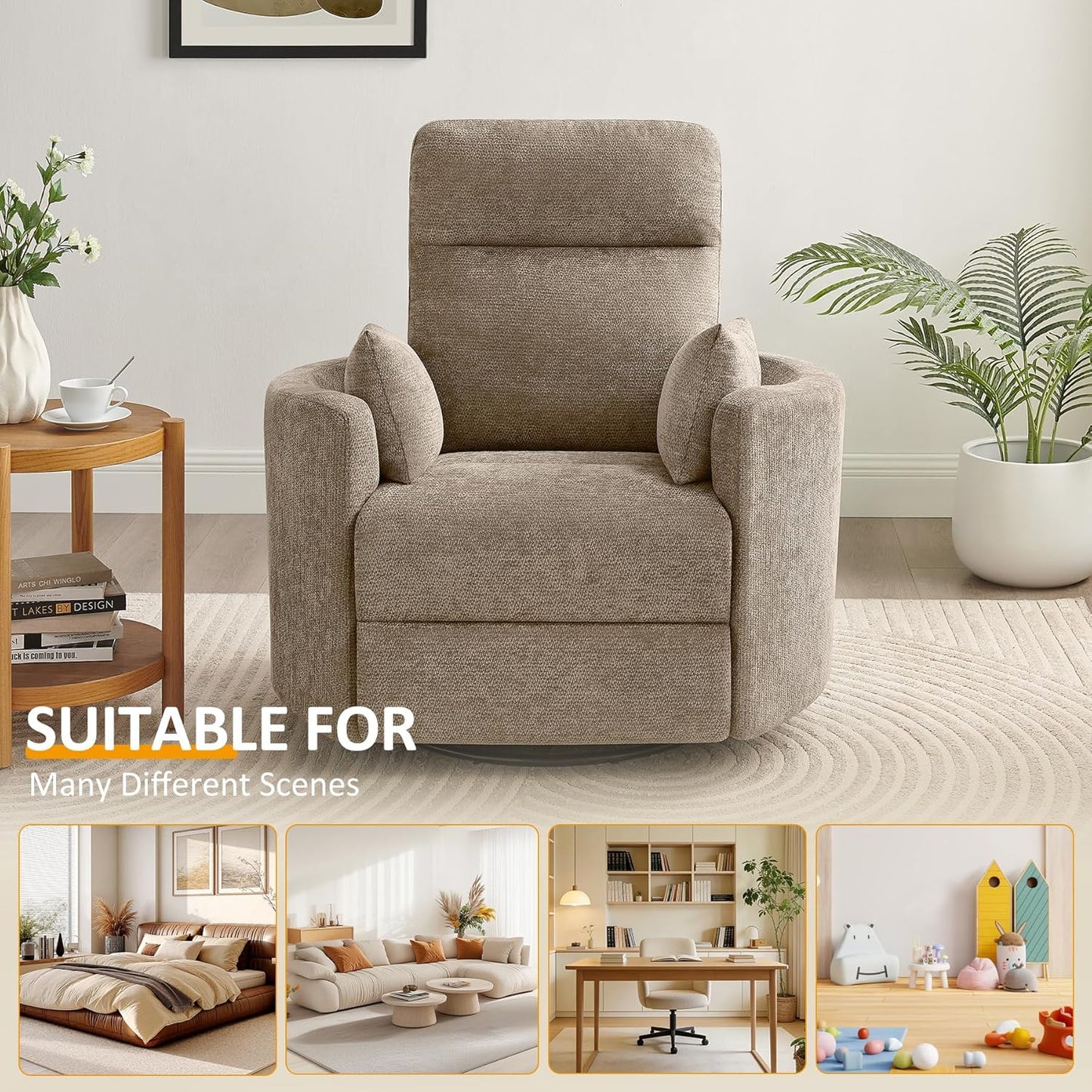 Nursery Rocking Chair, Oversized 360° Swivel Glider Recliner Chair, Upholstered Nursery Rocker with 2 Pillows and Footrest, Cozy Reclining Sofa for Living Room, Bedroom, Nursing, Olive