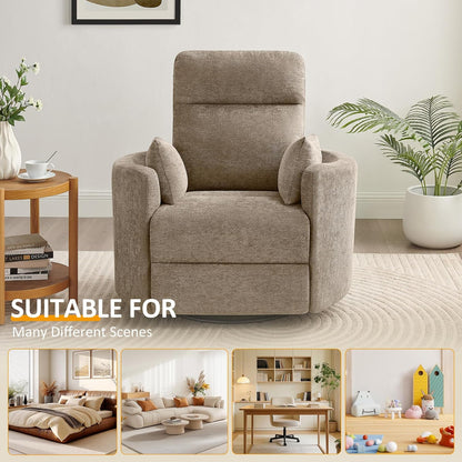 Nursery Rocking Chair, Oversized 360° Swivel Glider Recliner Chair, Upholstered Nursery Rocker with 2 Pillows and Footrest, Cozy Reclining Sofa for Living Room, Bedroom, Nursing, Olive