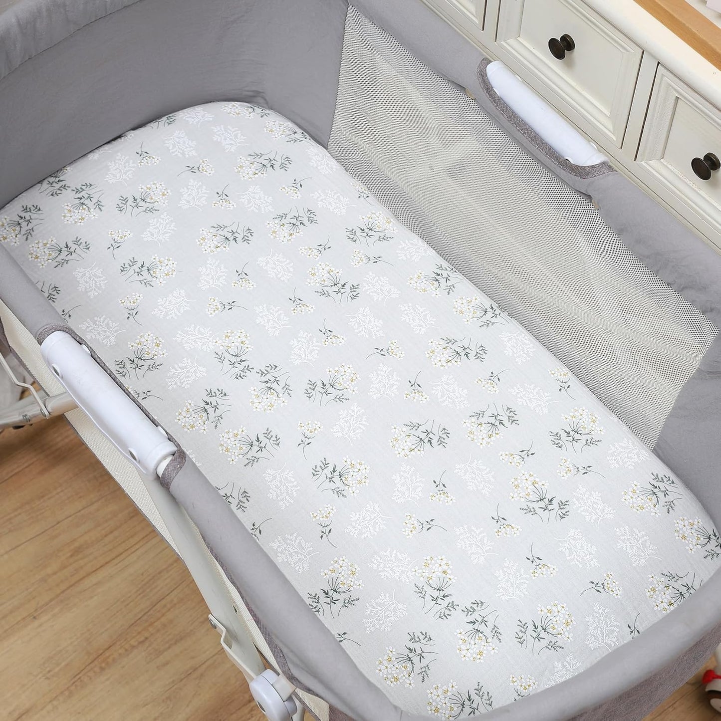 Onacosht Muslin Bassinet Sheets 3 Pack, 100% Cotton Baby Fitted Sheet 33" x 19" Compatible with Mika Micky, KoolaBaby (3 in 1), BabyBond, HARPPA and RICUTON Bedside Bassinet, Green, Floral and Cactus
