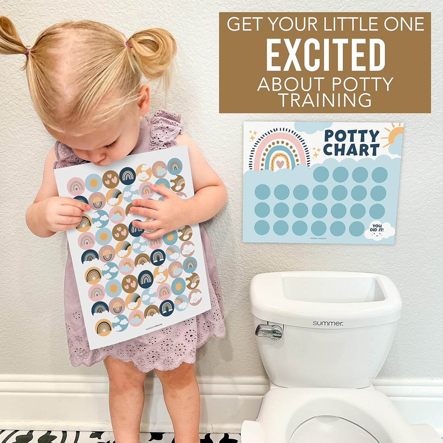 Hadley Designs Potty Training Chart for Toddlers Girls -10 Sticker Potty Chart for Toddlers Girls, 8.5x11" Potty Training Sticker Charts for Toilet Success, Unicorn Toddler Reward Chart for Kids
