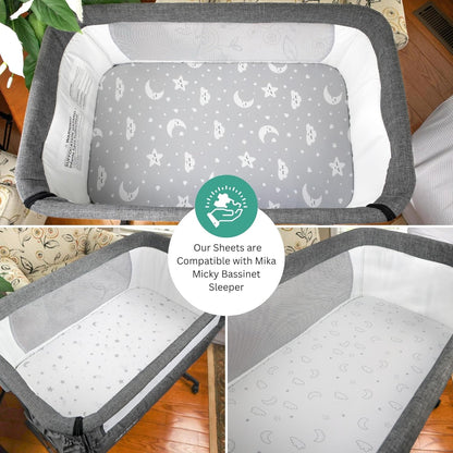Bassinet Sheets for Papablic, CoZee, Cowiewie, Ezebaby, Nawahev Baby Bassinet Bedside Sleeper by TansyPanda, 3PC, 33x20, Ultra Soft, Breathable Snug Fit, Unisex Boys Girls, Gray White (Space Rockets)