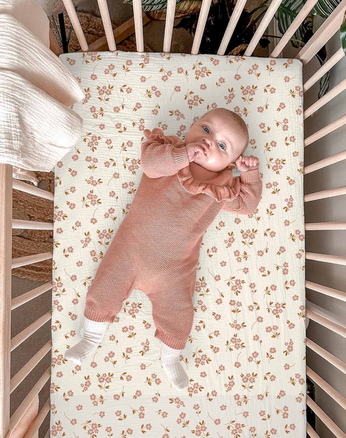 Muslin Bedside Bassinet Sheets 2 Pack, 33x20 Fitted Ultra Soft & Breathable Bedside Sleeper Sheets, Ideal for Baby Girl and Boy, Perfect for Newborns (Hopping Bunnies & Beige)