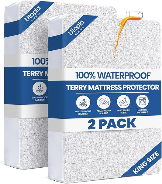 King Size Mattress Protector Waterproof 2 Pack, Premium 200 GSM Terry Mattress Cover, Soft & Breathable Bed Cover, Fitted Sheet Style Stretchable Deep Pockets 17" by Utopia Bedding (White)