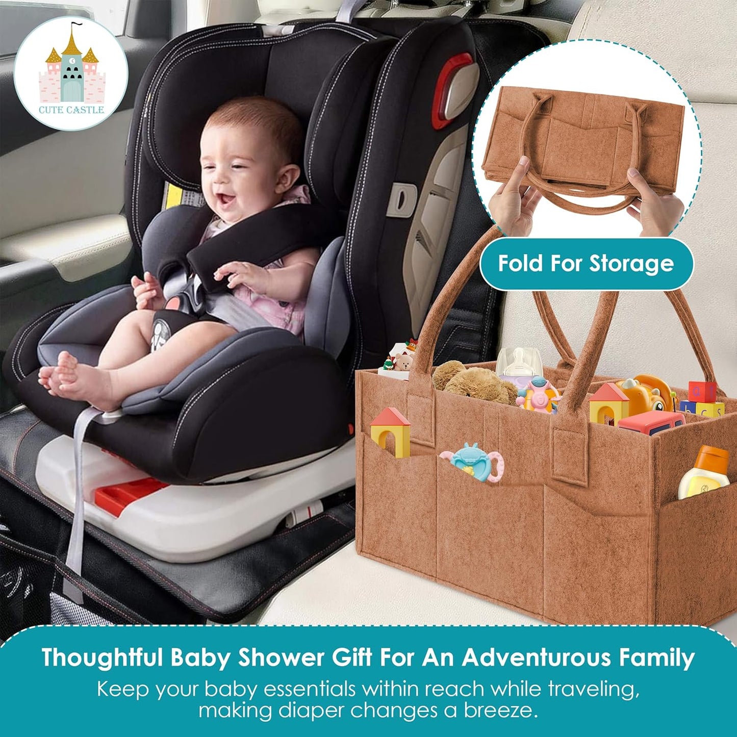 Cute Castle 2 Pack Diaper Caddy Organizer - Portable Baby Caddy Organizer with Handle, Nursery Storage Bin and Car Organizer for Girls, Boys - Baby Gift Basket - Grey