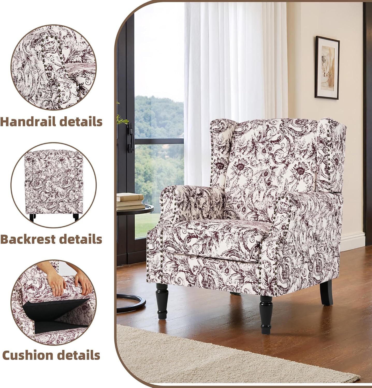 Swivel Rocker Recliner Chair, Manual Nursery Glider Recliner, Floral Fabric Wingback Accent Chair with Adjustable Backrest & Footrest for Small Spaces Living Room Bedroom (Plants Floral, Set of 1)