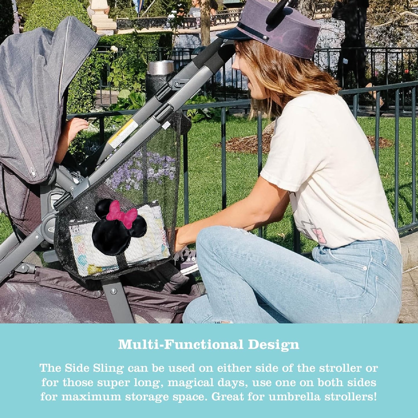Disney Baby by J.L. Childress Side Sling Stroller Cargo Net - Stroller Organizer Attachment for Storage, Mesh Bag for Baby Accessories, Universal Fit - Mickey, Black