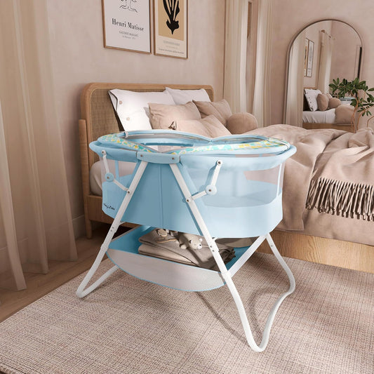 Dream On Me Karley Bassinet, Award Winner Lightweight Travel Baby Bassinet, Foldable Bedside Sleeper, Adjustable Double Canopy, Spacious Design, Soft Fabric, Storage Basket – Blue and Grey
