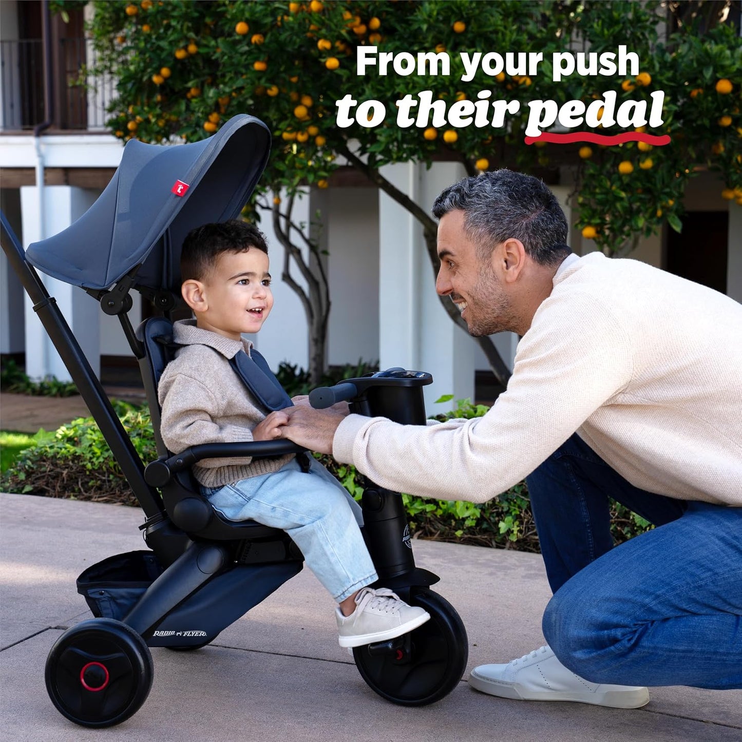 Radio Flyer Coast Folding Stroller Trike, for Kids 6 Months-3 Years, Lightweight, Compact, 4 Riding Modes, UV Canopy, 5Point Harness, Safety Bar, Cup Holder, Storage, Stroller Tricycle for Toddlers