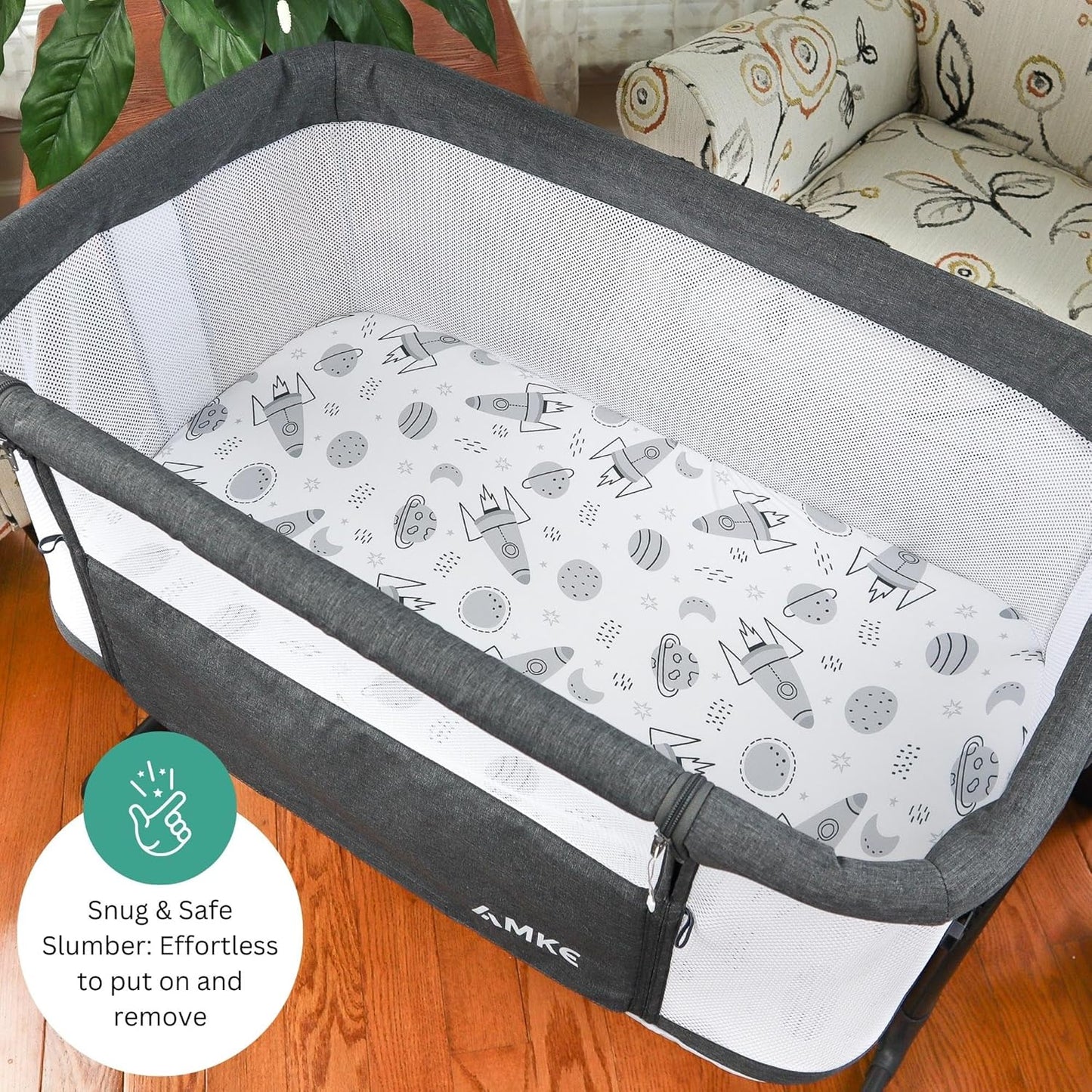 Bassinet Sheets for Papablic, CoZee, Cowiewie, Ezebaby, Nawahev Baby Bassinet Bedside Sleeper by TansyPanda, 3PC, 33x20, Ultra Soft, Breathable Snug Fit, Unisex Boys Girls, Gray White (Space Rockets)