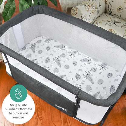 Bassinet Sheets for Papablic, CoZee, Cowiewie, Ezebaby, Nawahev Baby Bassinet Bedside Sleeper by TansyPanda, 3PC, 33x20, Ultra Soft, Breathable Snug Fit, Unisex Boys Girls, Gray White (Space Rockets)
