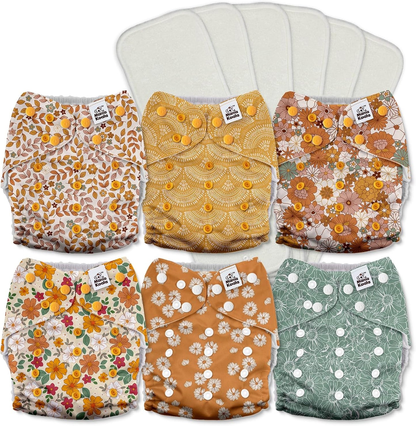 Mama Koala 3.0 Pocket Cloth Diapers for Babies with AWJ Lining, 6 Pack with 6 4-Layer Natural Cloth Diaper Inserts - Reusable and Washable Pocket Diapers(Hardworking Bees) - Colors A