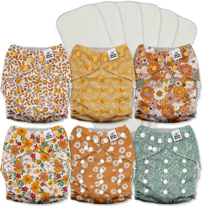 Mama Koala 3.0 Pocket Cloth Diapers for Babies with AWJ Lining, 6 Pack with 6 4-Layer Natural Cloth Diaper Inserts - Reusable and Washable Pocket Diapers(Hardworking Bees) - Colors A