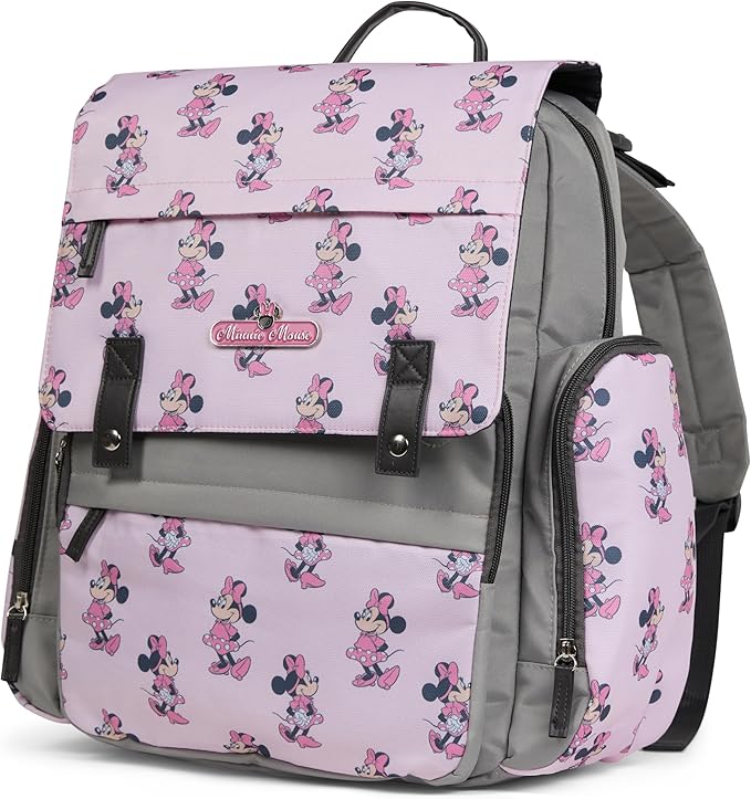 Disney Diaper Bag Backpack with Changing Pad Minnie Mouse – 16” Nylon Baby Bag for Parents, Insulated Bottle Holders, Multiple Storage Pockets