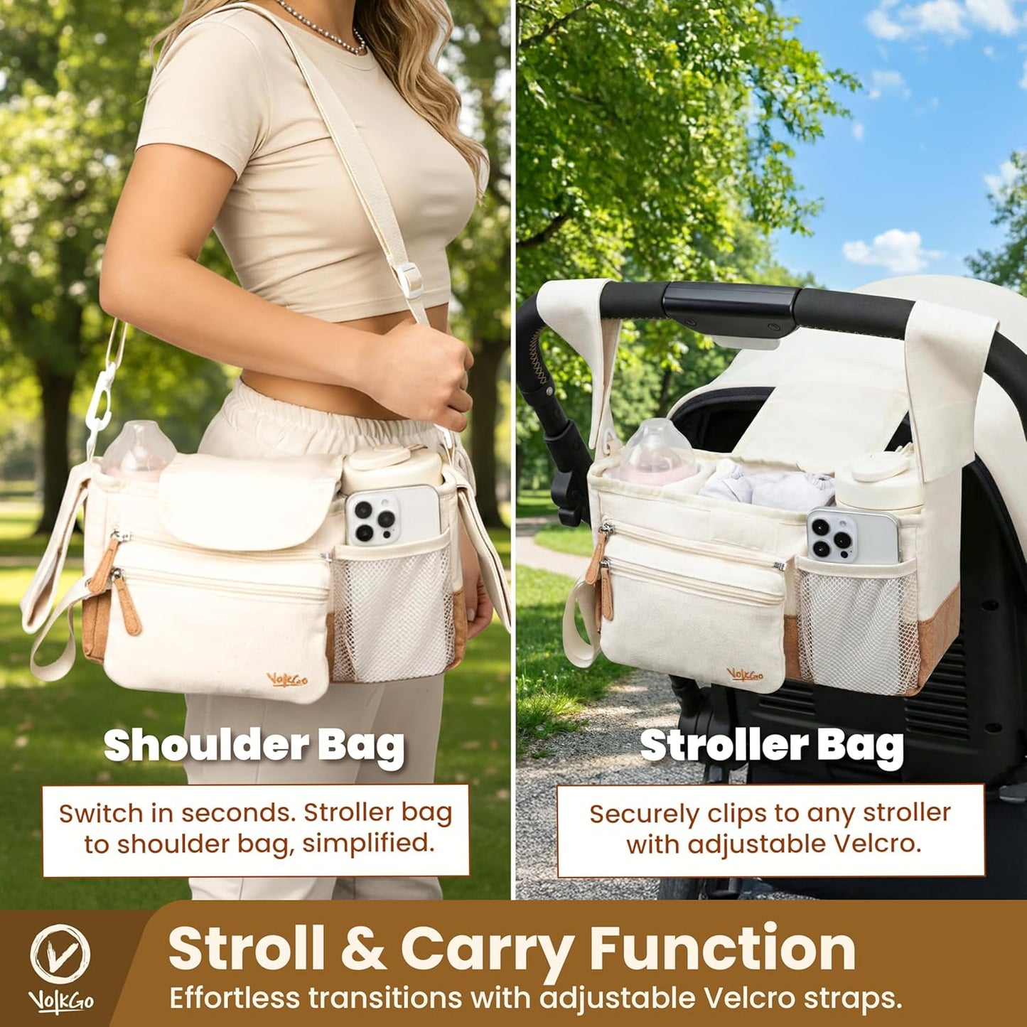 V VOLKGO Stroller Caddy with Cup Holder - Stroller Organizer Bag for Baby Travel Gear, Baby Bottle Organizer & Baby Diaper Caddy | Insulated XL 40oz, Detachable Wristlet, Premium Canvas & Natural Cork