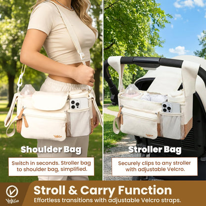 V VOLKGO Stroller Caddy with Cup Holder - Stroller Organizer Bag for Baby Travel Gear, Baby Bottle Organizer & Baby Diaper Caddy | Insulated XL 40oz, Detachable Wristlet, Premium Canvas & Natural Cork