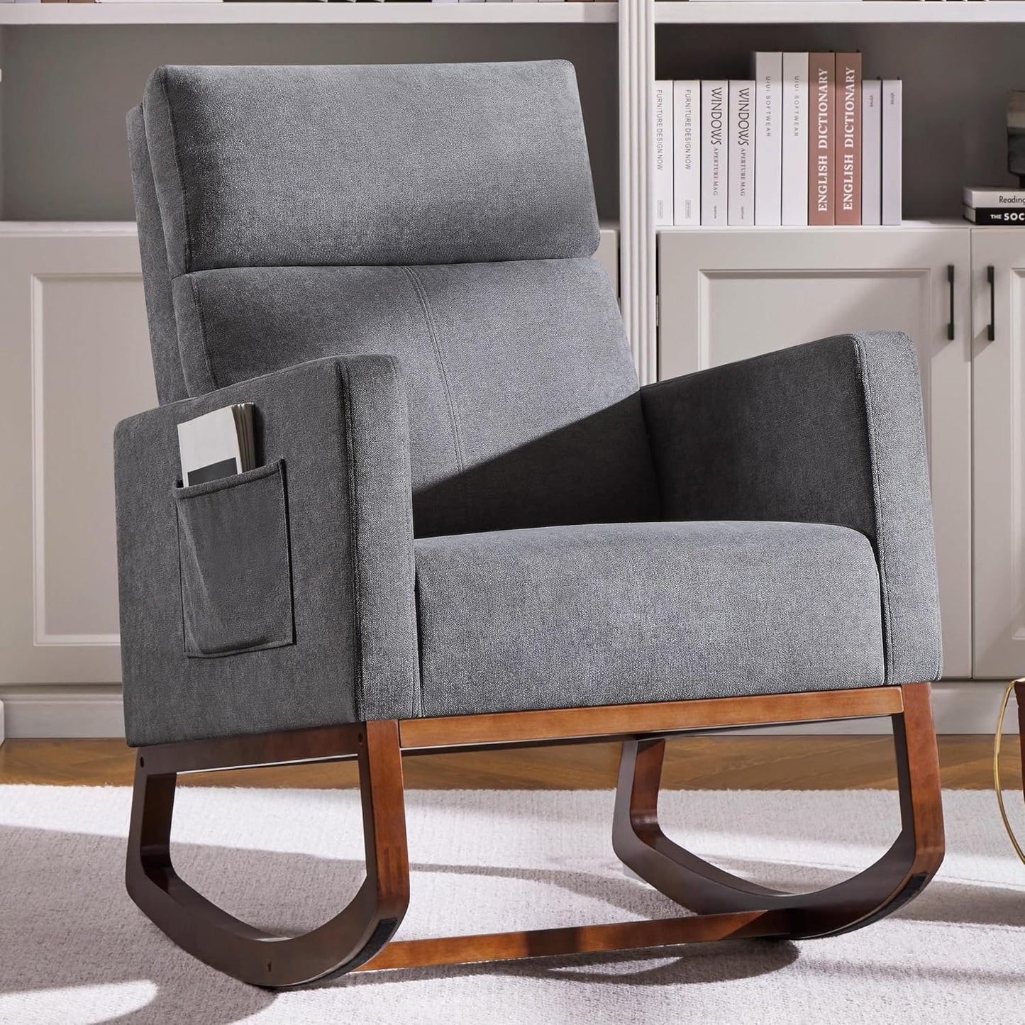 Yaheetech Upholstered Rocking Chair, Boucle Glider Chair Nursery Chair with High Back and Side Pocket, Rocking Accent Armchair with Rubber Wood Legs for Living Room/Bedroom/Nursery, Ivory