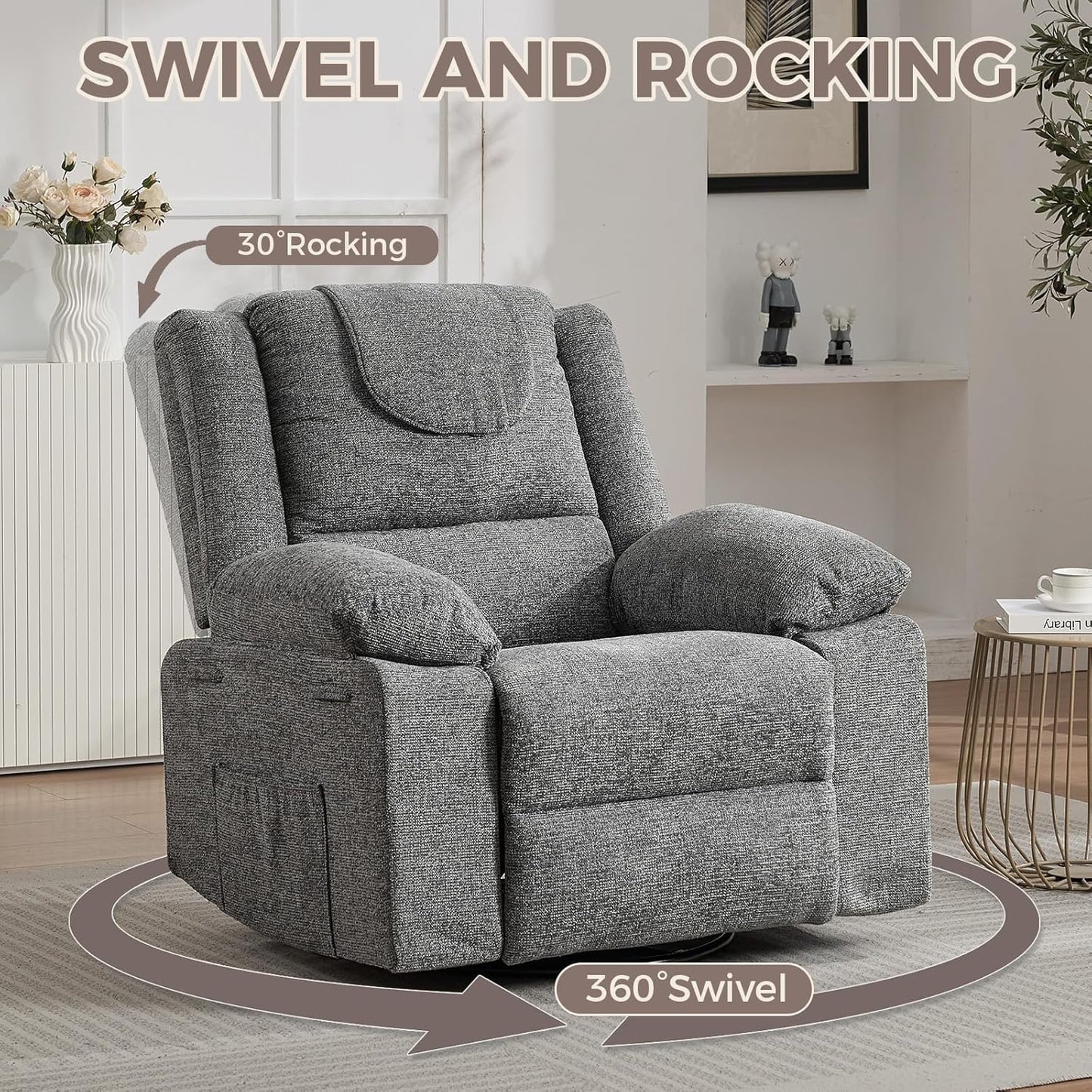 Adults Oversized Rocking Nursery Glider Recliner Chair,360° Swivel Rock Recliner Chairs Single Sofa with Vibration Massage and Heating for Living Room/Bedroom,Blue