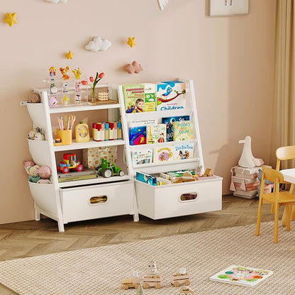 Homeiju Kids Bookshelf and Toy Storage Organizer, 3 Tier Kids Bookcase, Sling Bookshelf and 2 Toy Bins with Toy Storage Organizer for Children Room, Playroom, Nursery, White