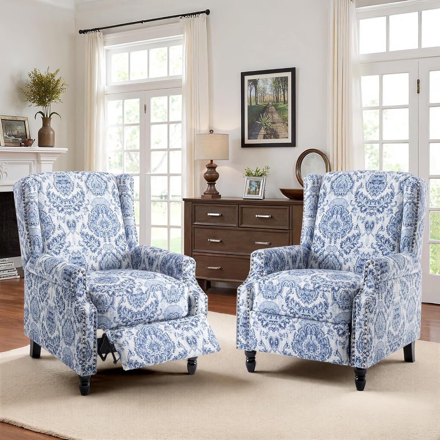 Swivel Rocker Recliner Chair, Manual Nursery Glider Recliner, Floral Fabric Wingback Accent Chair with Adjustable Backrest & Footrest for Small Spaces Living Room Bedroom (Plants Floral, Set of 1)