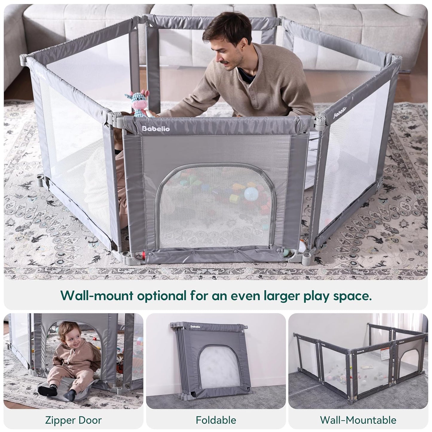 Babelio Foldable Baby Playpen 46" × 46", Portable Playard for Babies and Toddlers, Parents' Picks Awards Winner, No Assembly Required, Indoor & Outdoor Kids Safety Play Pen Area, Travel Fence, Grey