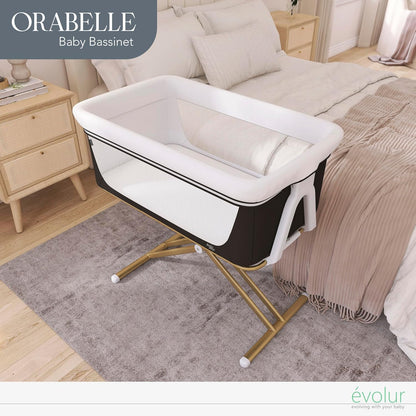 Evolur Orabelle Baby Bassinet & Bedside Sleeper, Breathable Mesh Sides, Plush Mattress Pad with Removable Cover, Tool-Free Assembly, Quick Foldable Steel Frame Compact Design with Travel Bag – Black