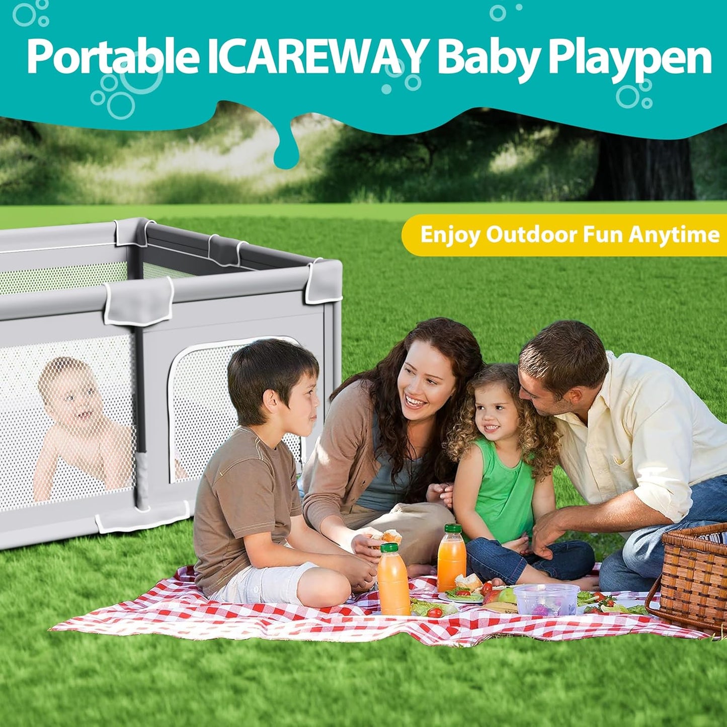 ICAREWAY Foldable Playpen for Babies and Toddlers, 50x50 Inches Portable Playpen, Kids Collapsible Play Pen with 2 Handlers, Indoor & Outdoor Baby Fence Play Area with Visible Mesh, Dark Gray