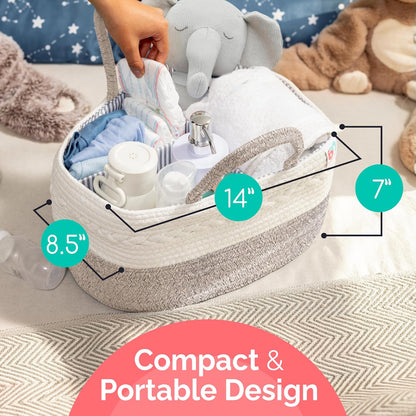 Rope Diaper Caddy - Storage for Baby and Toddler Items - Portable Cotton Organizer Easily Holds Diapers, Wipes, Clothing - Useful for Nursery, Bedroom (Gray, Regular)