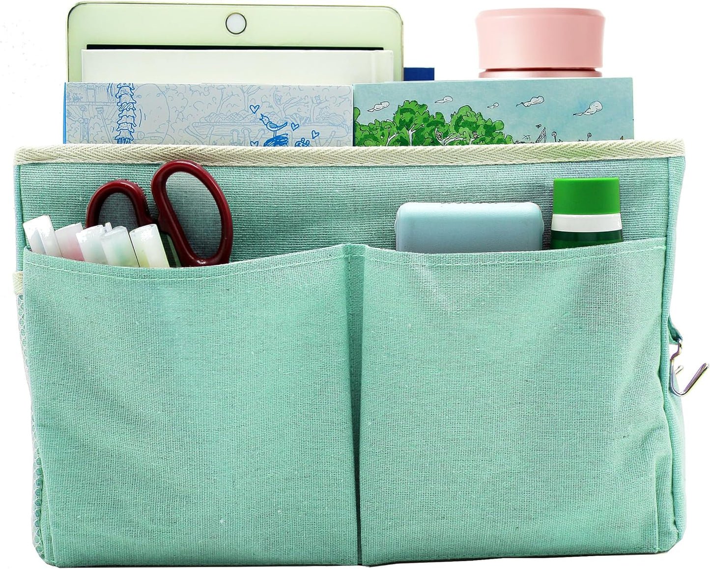 Bedside Caddy Organizer/Bedside Hanging Storage Bag Multi-Function Caddy for Bunk bed Hospital Beds Dorm Bed Rails, Holders Books Glasses Phones Magazine(White)