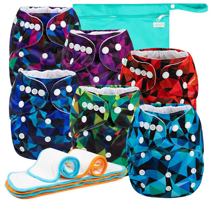 wegreeco Cloth Diapers 6 Pack with 6 Inserts & 1 Wet Bag, Washable Cloth Diapers for Babies, One Size Adjustable Reusable (Flower)