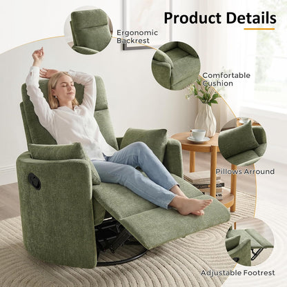 Nursery Rocking Chair, Oversized 360° Swivel Glider Recliner Chair, Upholstered Nursery Rocker with 2 Pillows and Footrest, Cozy Reclining Sofa for Living Room, Bedroom, Nursing, Olive