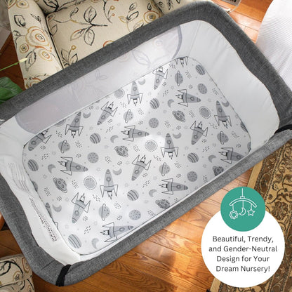 Bassinet Sheets for Papablic, CoZee, Cowiewie, Ezebaby, Nawahev Baby Bassinet Bedside Sleeper by TansyPanda, 3PC, 33x20, Ultra Soft, Breathable Snug Fit, Unisex Boys Girls, Gray White (Space Rockets)