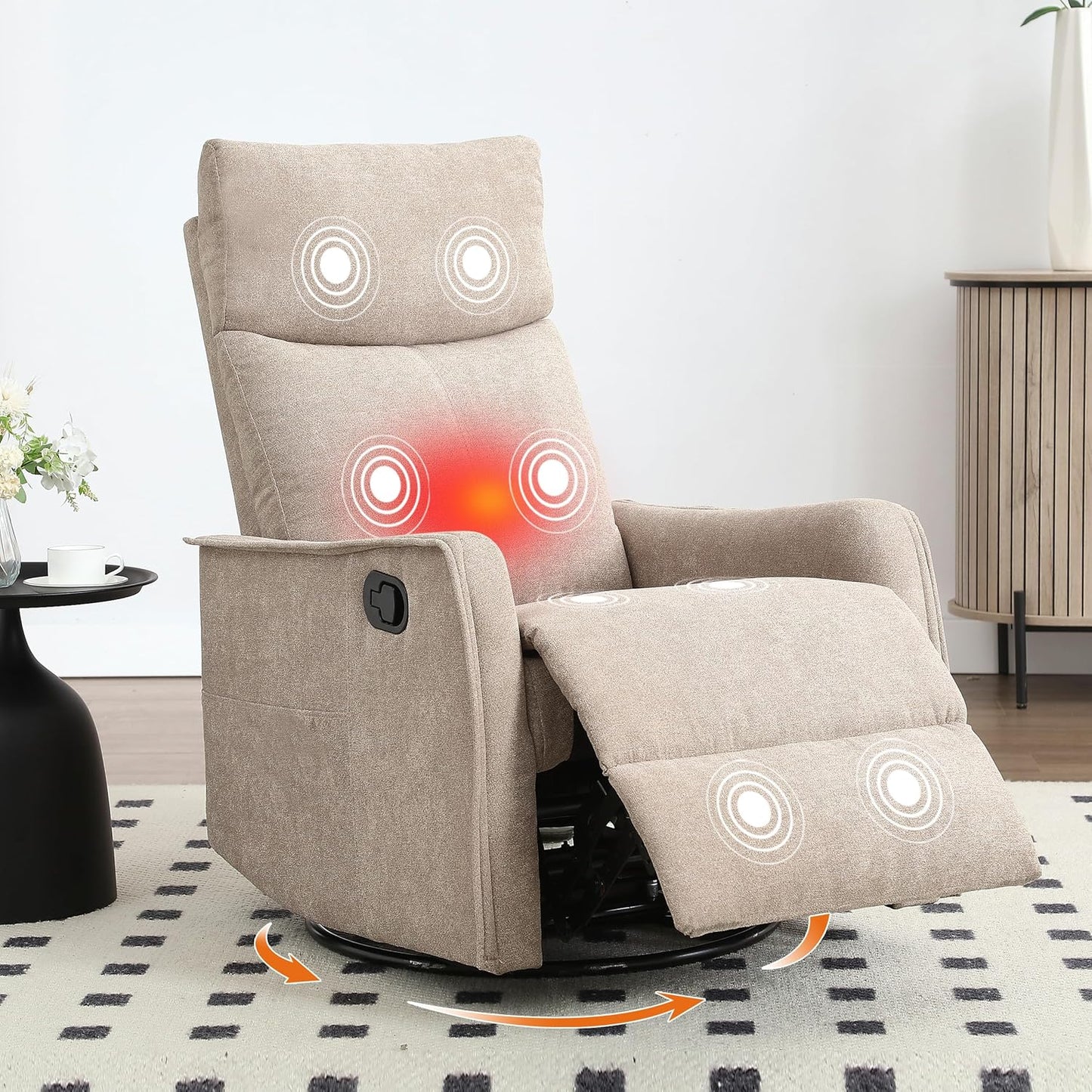 Manual 360° Swivel Rocker Recliner Chair for Adults, Overstuffed Glider Chair for Nursery with Vibration Massage and Heat, Comfy Soft Fabric Glider with Side Pockets for Living Room, Beige