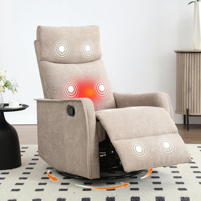 Manual 360° Swivel Rocker Recliner Chair for Adults, Overstuffed Glider Chair for Nursery with Vibration Massage and Heat, Comfy Soft Fabric Glider with Side Pockets for Living Room, Beige