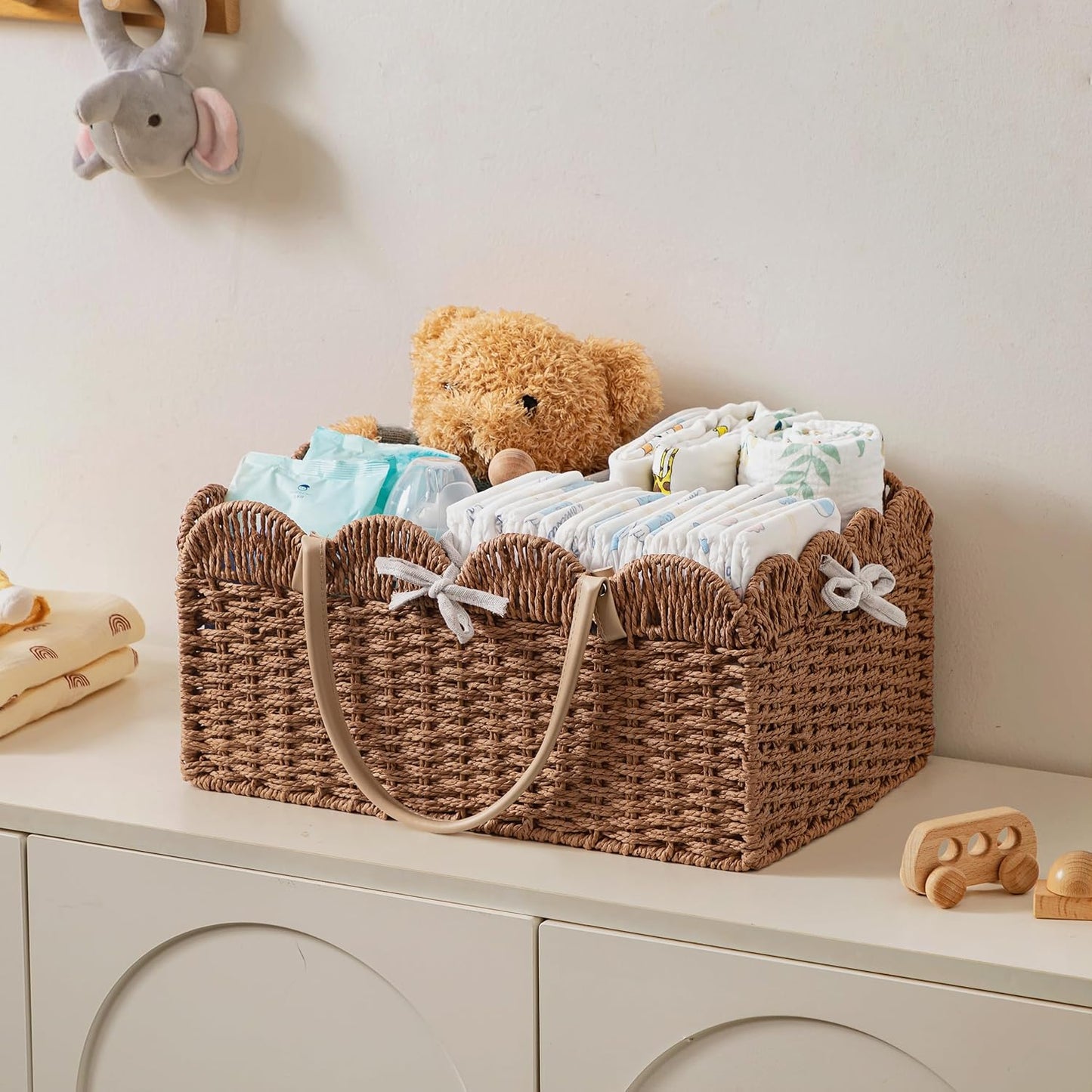 HBlife Large Baby Diaper Caddy, Paper Rope Storage Baskets Nursery Bin with Removable Divider, Portable Car Organizer for Diapers, Baby Shower Gifts, Newborn Essentials Must Haves