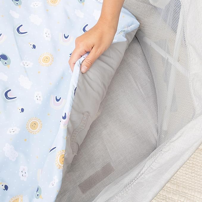 My Play Baby Portable Infant Bassinet, Indoor Outdoor UPF 50+ Canopy, Mesh Sides, 29x14 Inches, Foldable Travel Playard with Toys, Padded Base, Newborn to 15 Pounds