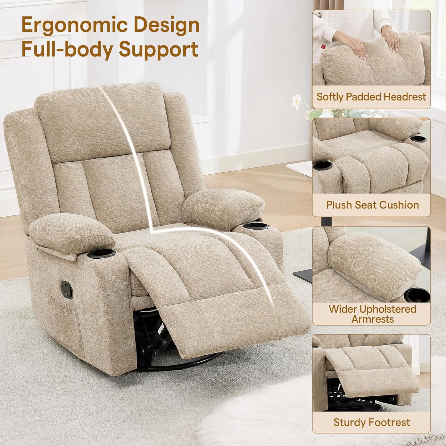 Swivel Rocker Recliner Chair, Lazy Boy Recliner with Cup Holders, 360 Degree Rotating Nursery Rocking Chair, Manual Glider Recliner for Living Room (1, Yellow)