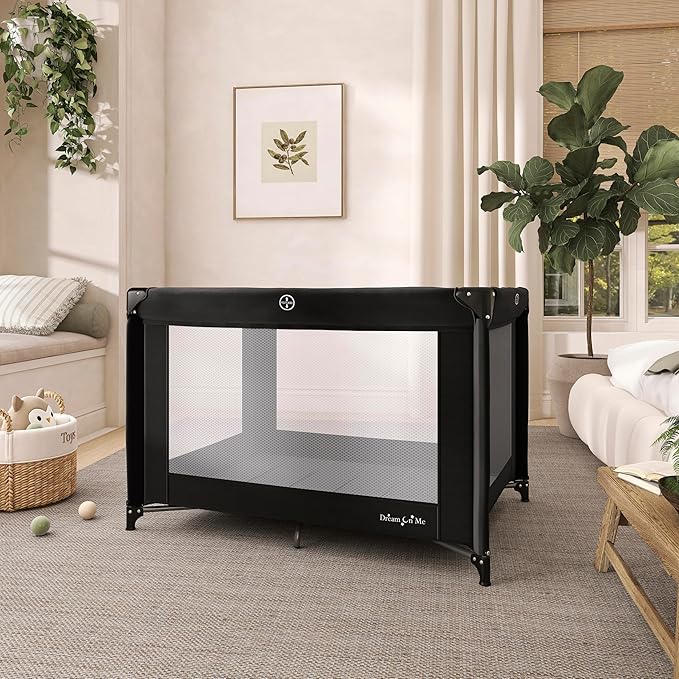 Dream On Me Zazzy Portable Playard with Bassinet in Black, Lightweight Packable and Easy Setup Baby Playard with Mattress and Travel Bag