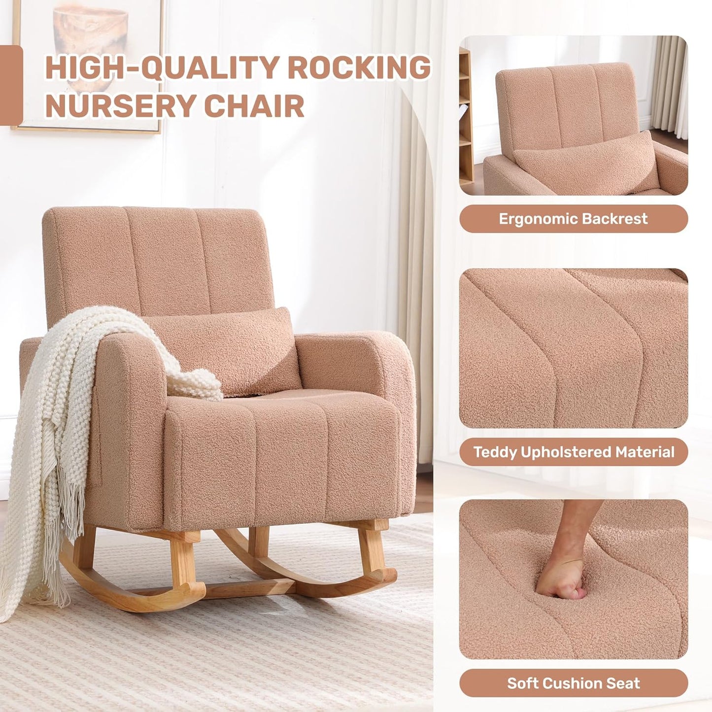HCHAIRH Nursery Rocking Chair with Ottoman, Upholstered Glider Rocker with High Backrest Side Pocket, Rocking Accent Armchair with Solid Wood Legs for Nursery, Living Room, Bedroom, Light Grey