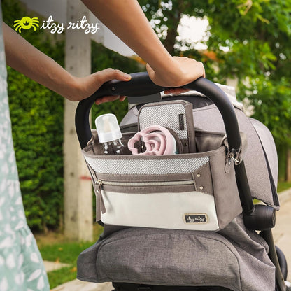 Itzy Ritzy Adjustable Stroller Caddy and Organizer Bag Featuring Front Zippered Pocket, 2 Built-In Interior Pockets & Adjustable Straps to Fit Nearly Any Stroller (Coffee and Cream)