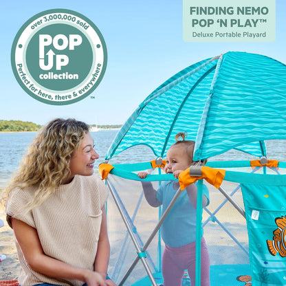 Summer Infant Pop ‘N Play Deluxe Ultimate Playard, Aqua Splash - Full Coverage Indoor/Outdoor Portable Play Pen with Fast, Easy and Compact Fold