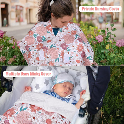 Metplus 2 in 1 Baby Car Seat Cover, Car Seat Canopy for Babies, Mom Multiuse Nursing Cover, Minky Baby Carrier Covers, Newborn Boy Girl, Peekaboo Opening