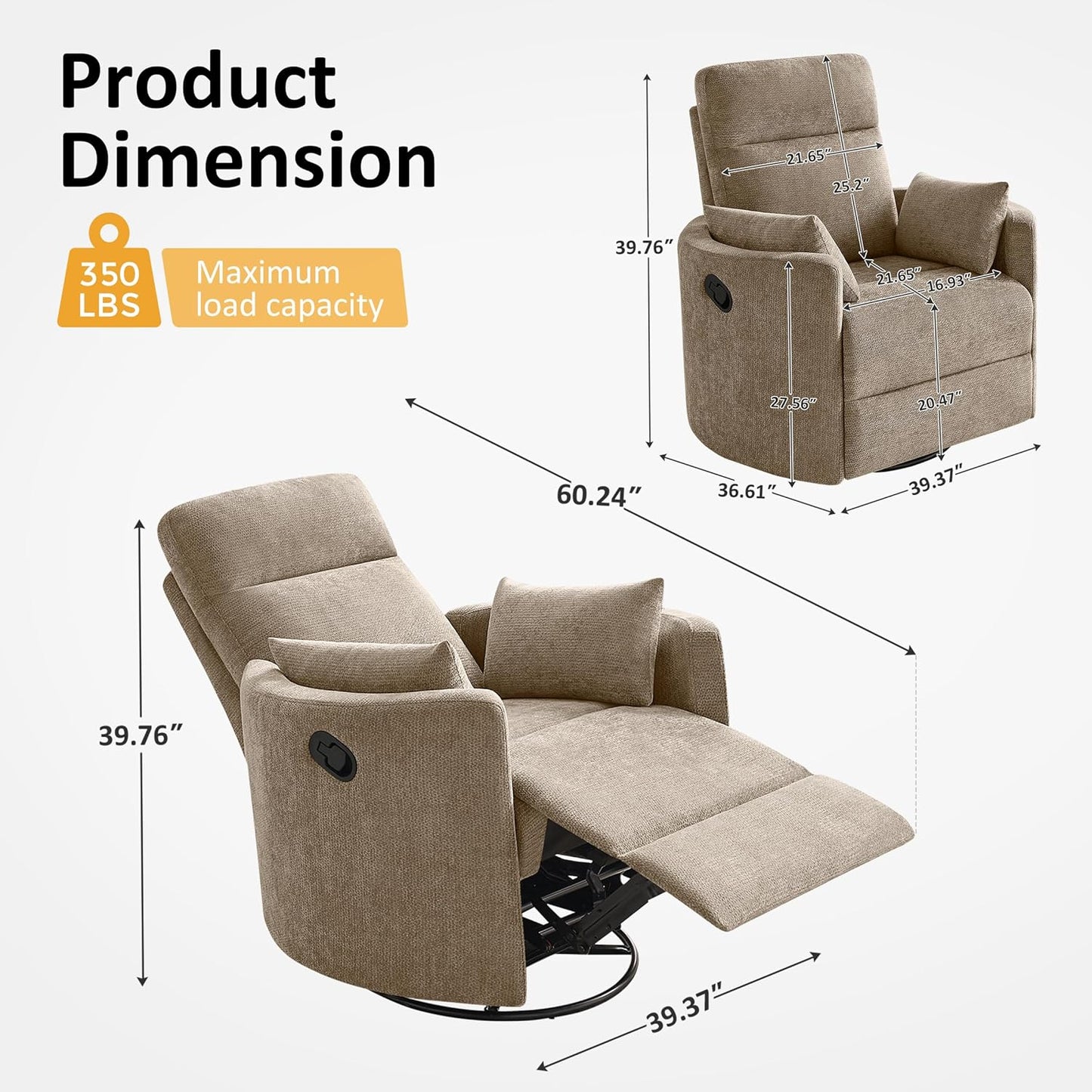 Nursery Rocking Chair, Oversized 360° Swivel Glider Recliner Chair, Upholstered Nursery Rocker with 2 Pillows and Footrest, Cozy Reclining Sofa for Living Room, Bedroom, Nursing, Olive